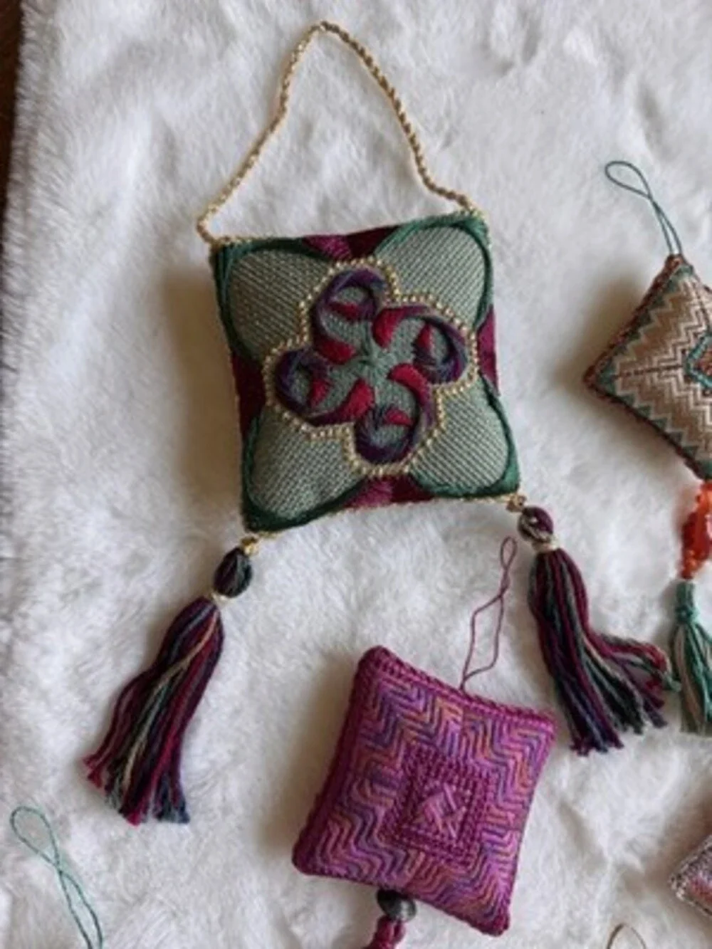 Embroidered Mini Pillow Ornament Christmas Decoration Grandma Core Lot Of 7